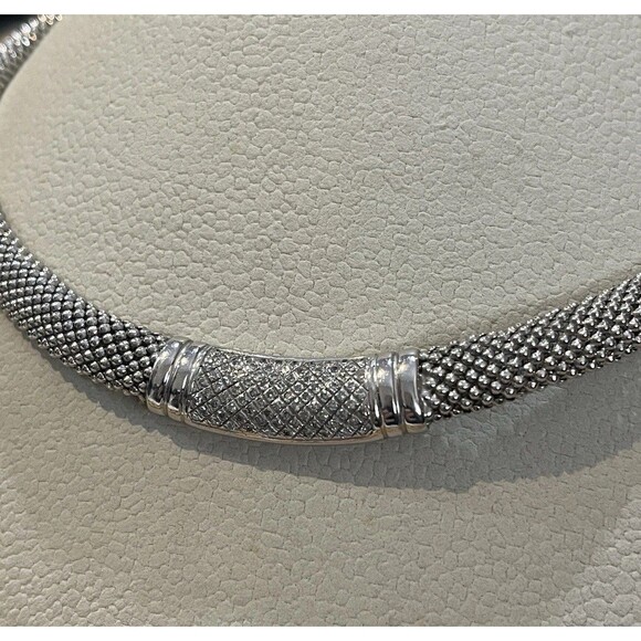 Beautiful Sterling Silver Italy Mesh Style CZ Choker Necklace 16in Party Wedding - Picture 3 of 12